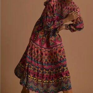 Pink Multicolor Printed Maxi Dress with Long Sleeves